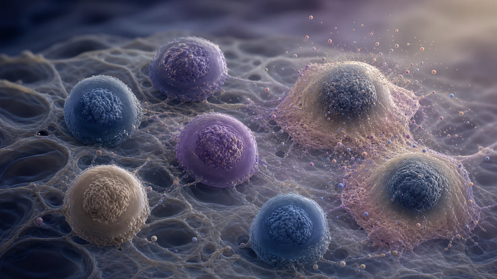 Conceptual scientific illustration of varied cells, including an enlarged senescent-like cell releasing molecular signals