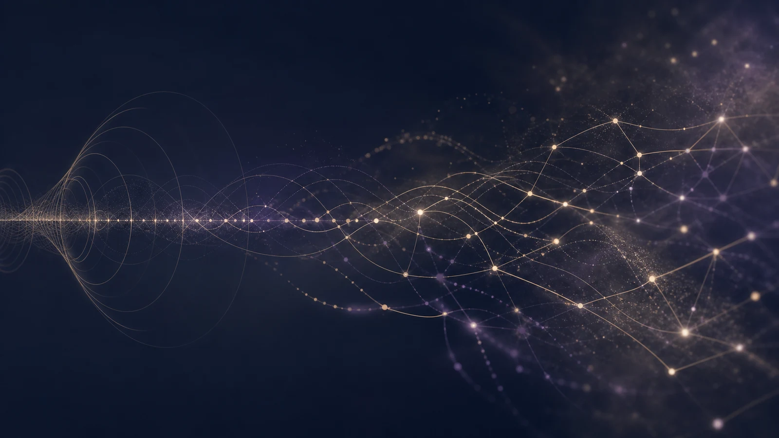 Abstract scientific illustration of sound-wave patterns interacting with a structured network of luminous points