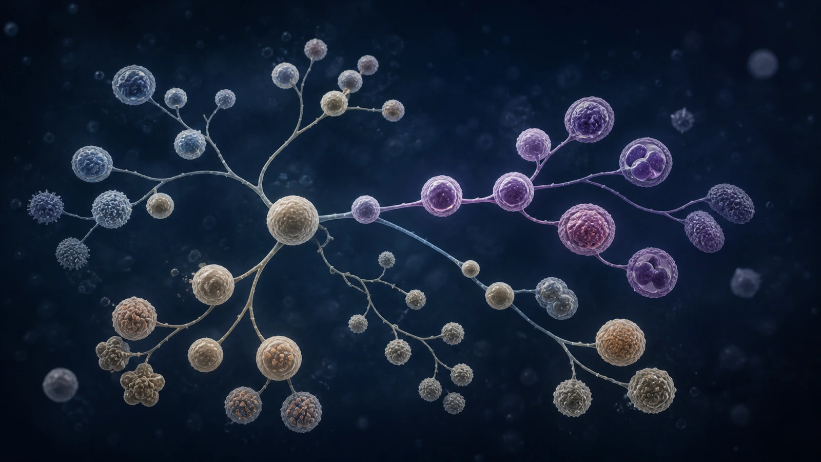 Conceptual scientific illustration of diverse blood-cell lineages branching from a shared stem cell, with one muted-purple clone expanding
