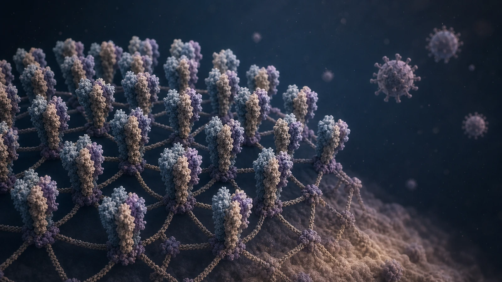 Conceptual scientific illustration of stable prefusion-like molecular forms arranged in a protective lattice, with muted viral-particle motifs at the edge