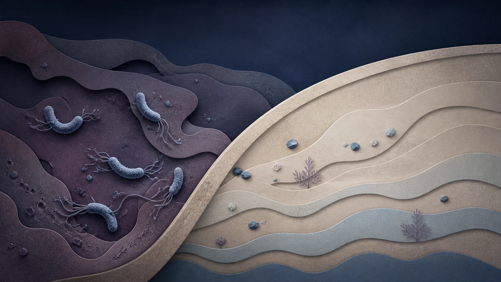 Abstract scientific illustration of small curved bacterial forms interrupting layered stone-like gastric patterns, with the disrupted region becoming calmer beyond a dividing arc