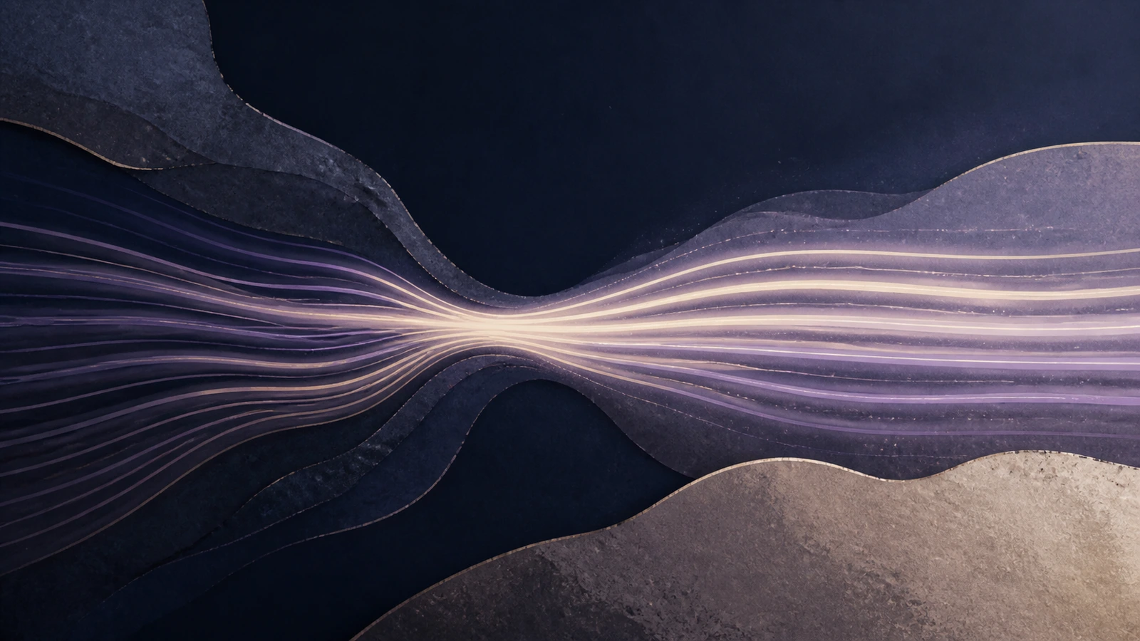 Abstract scientific illustration of rhythmic night-blue airflow channels passing through a constricted field and becoming open, even and continuous