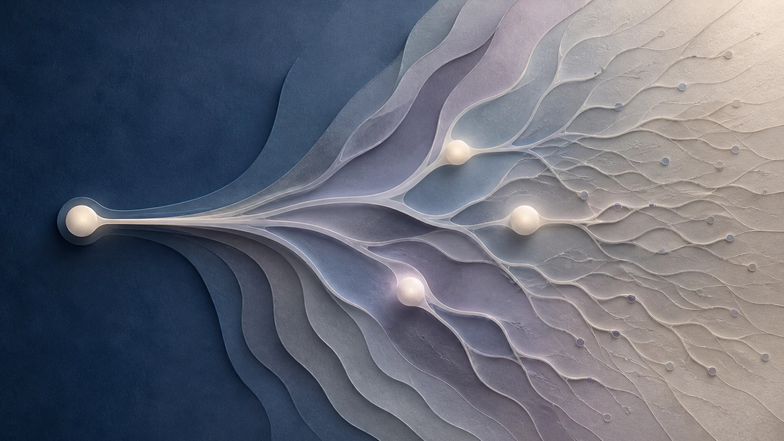 Abstract scientific composition of layered navy screening pathways dividing into a small number of bright signals and a larger field of muted branches