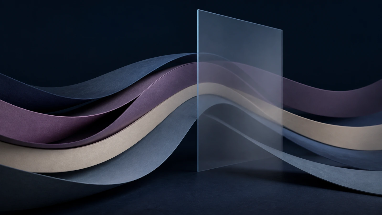 Abstract scientific composition of two layered pathways separated by a precise boundary in cool navy, muted purple and warm stone