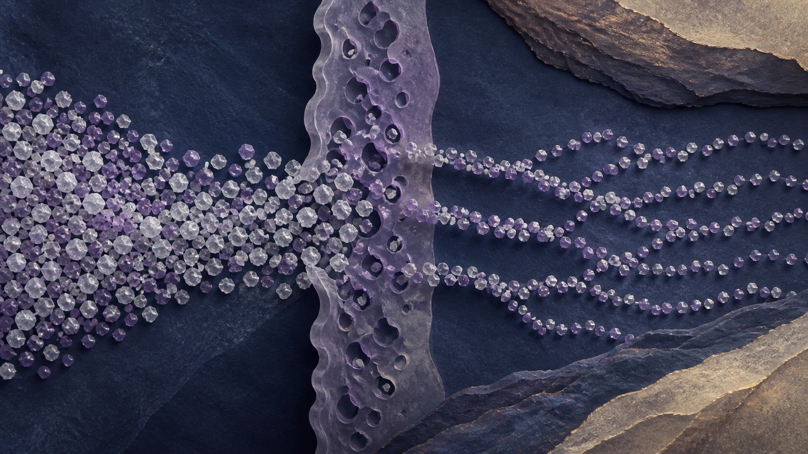 Abstract scientific composition of dense mineral grains passing through a measured exchange field into a calmer branching pattern in cool navy, muted purple and warm stone