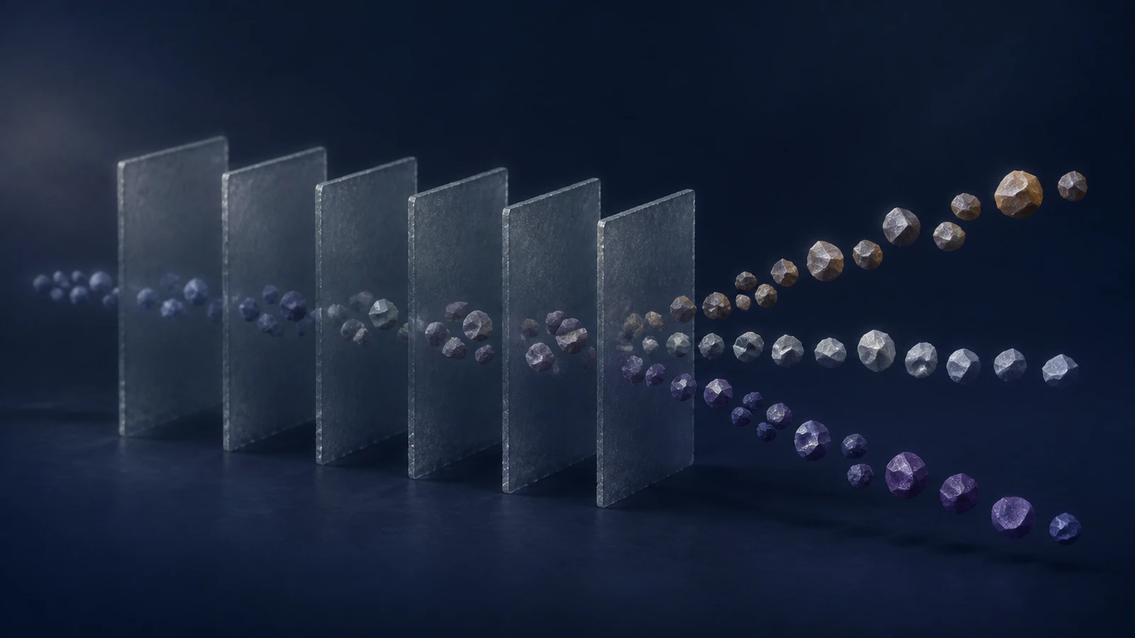 Abstract scientific composition of mineral-like signals passing through translucent scan planes into three calm follow-up paths in cool navy, muted purple and warm stone