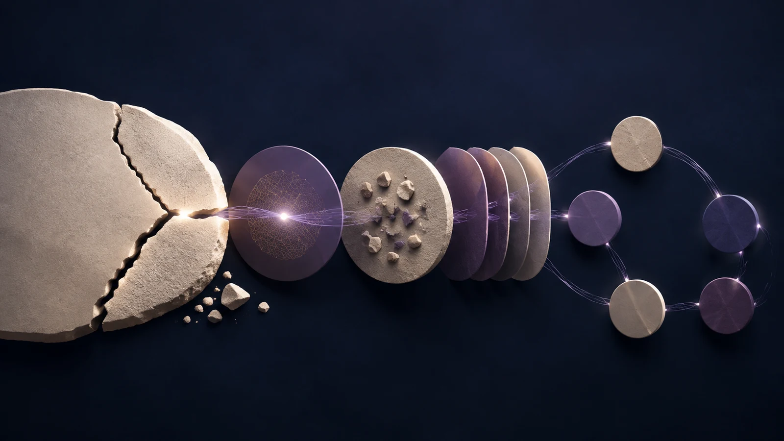 Abstract scientific composition of a fractured mineral plane connected to a coordinated pathway of layered bone-like structures in cool navy, muted purple and warm stone