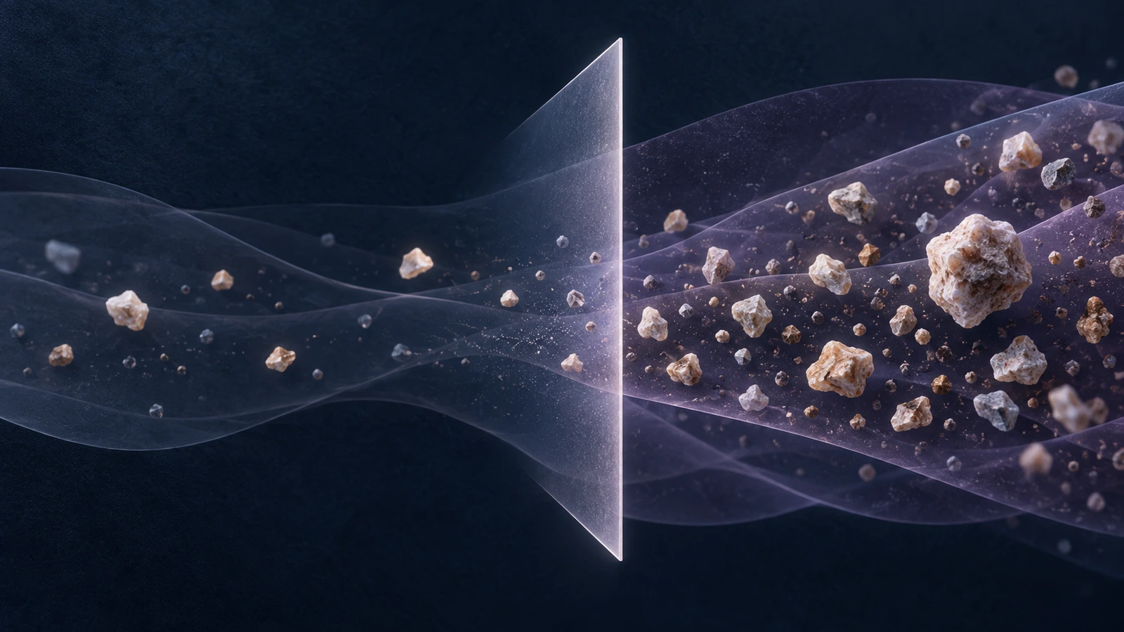 Abstract scientific composition of mineral signals passing through a selective decision field in cool navy, muted purple and warm stone