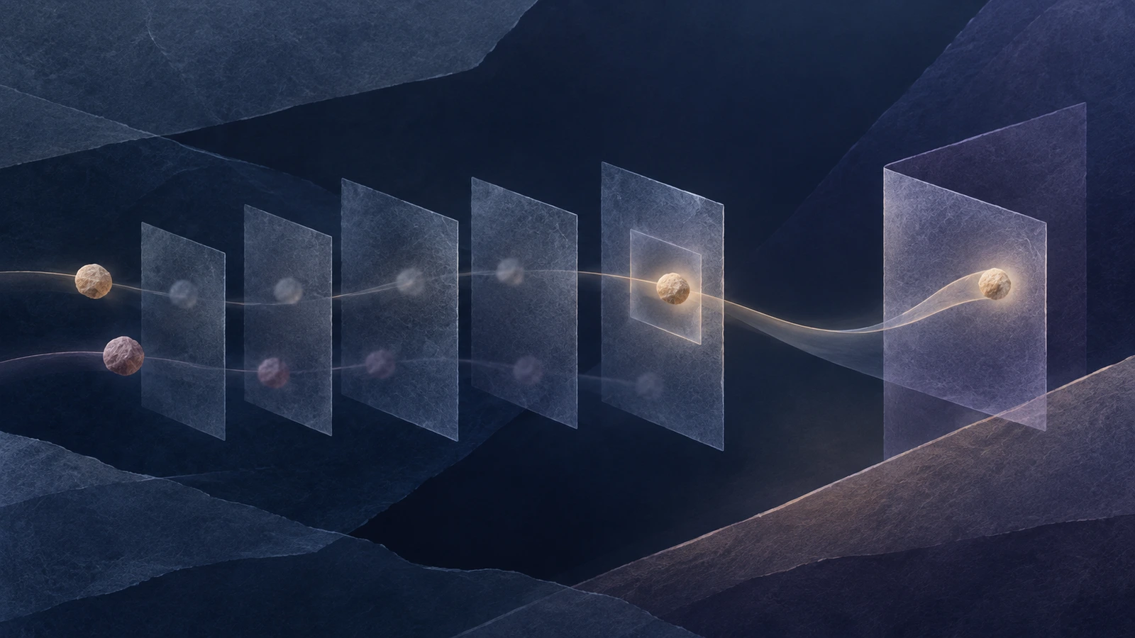 Abstract scientific composition of paired sample signals moving through repeated screening windows in cool navy, muted purple and warm stone