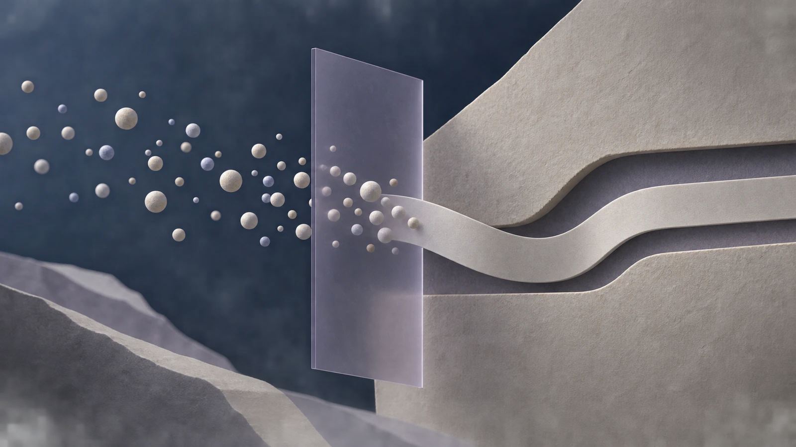 Abstract scientific composition of dispersed mineral signals passing through a translucent verification plane into a bounded ribbon in cool navy, muted purple and warm stone