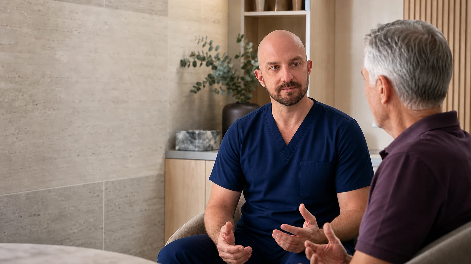 Dr Joshua Hatch listening to a patient's questions in consultation