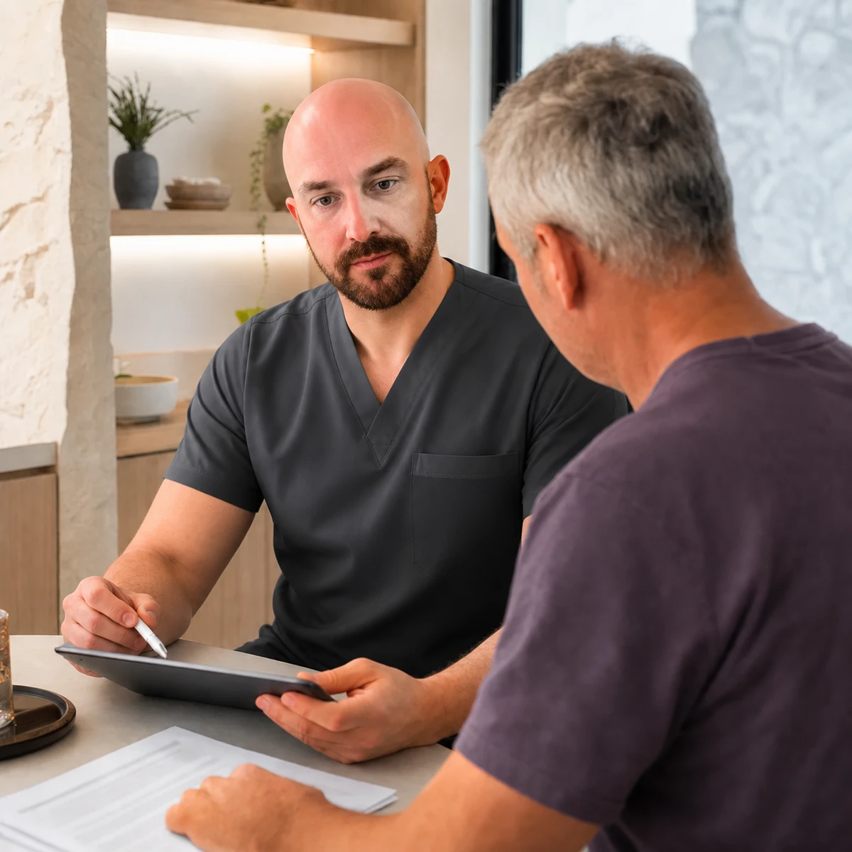 Dr Joshua Hatch talking a patient through a staged health plan
