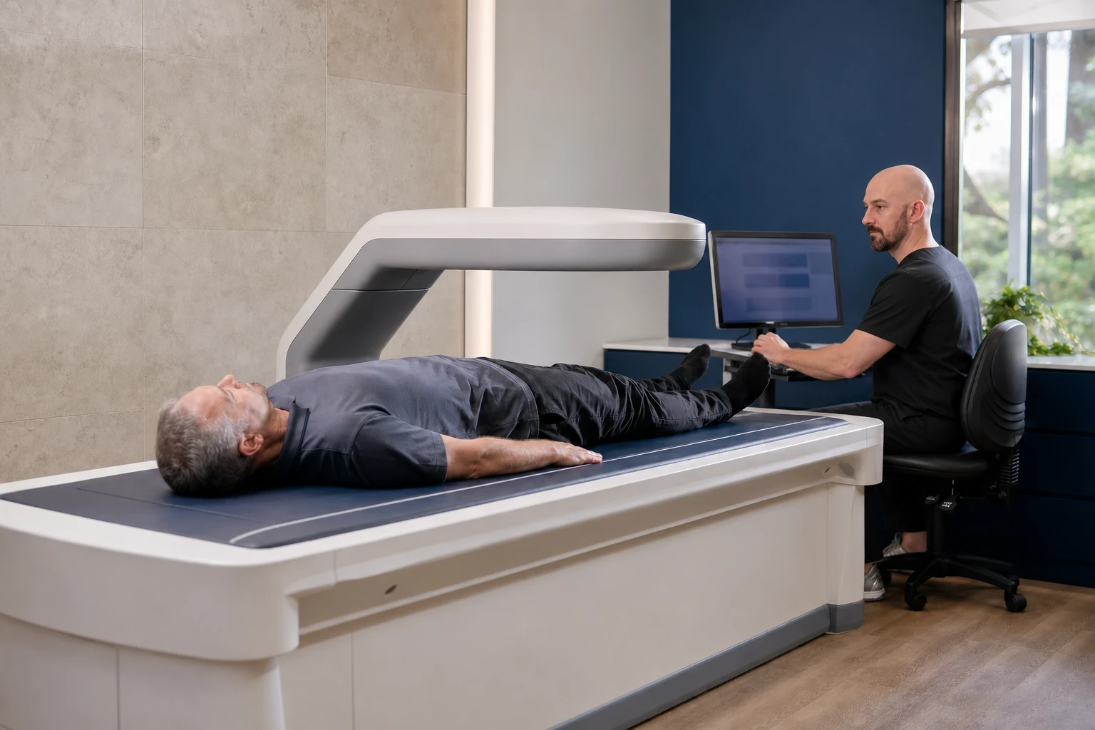 A human DEXA body-composition assessment with Dr Joshua Hatch at the workstation