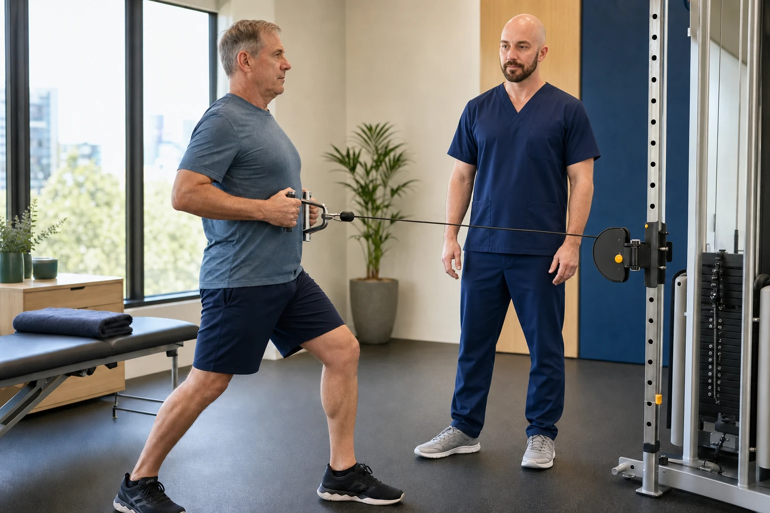 A midlife adult performing controlled resistance exercise under professional supervision