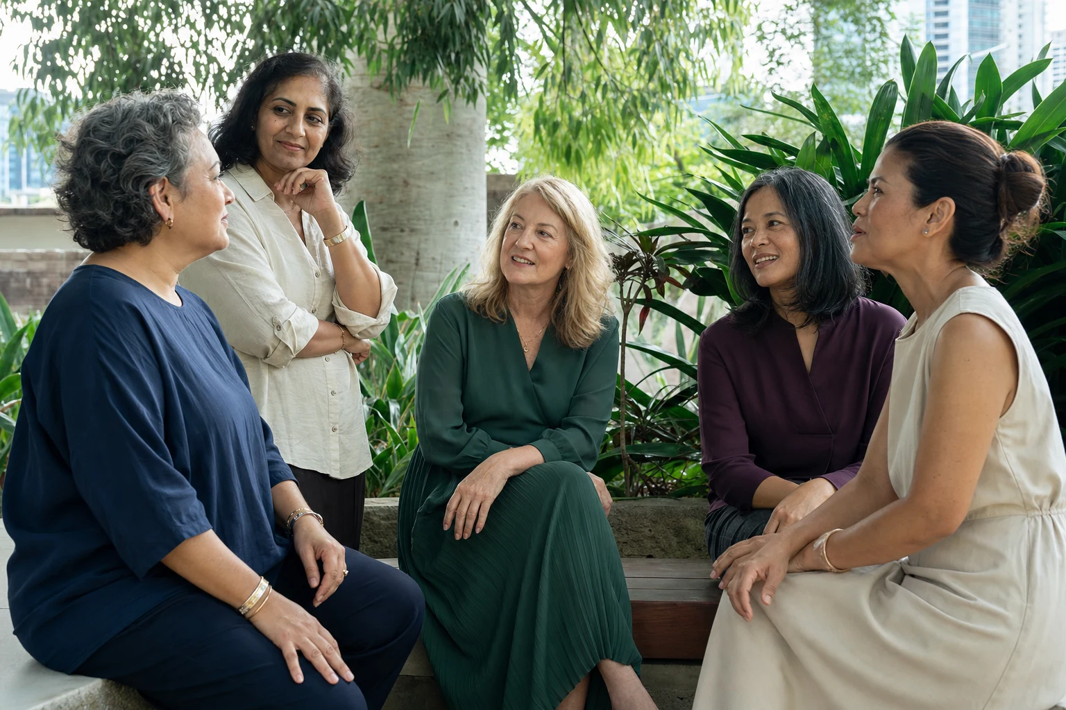 Five Brisbane women in midlife and older age sharing a relaxed moment outdoors