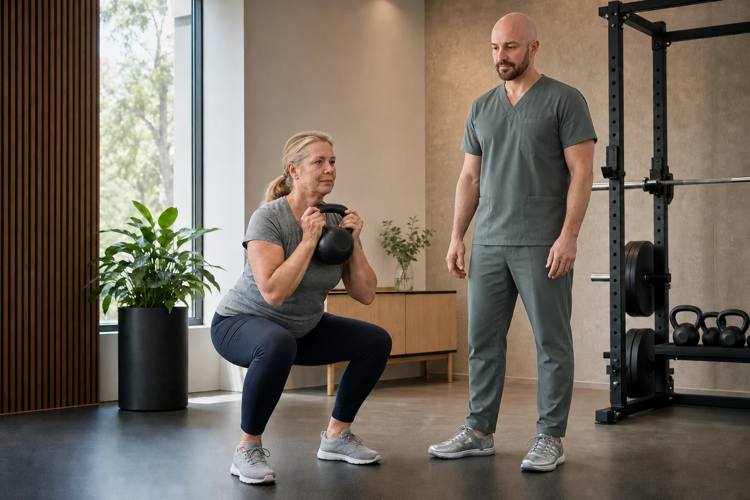 A midlife woman performing a controlled kettlebell exercise with safe form