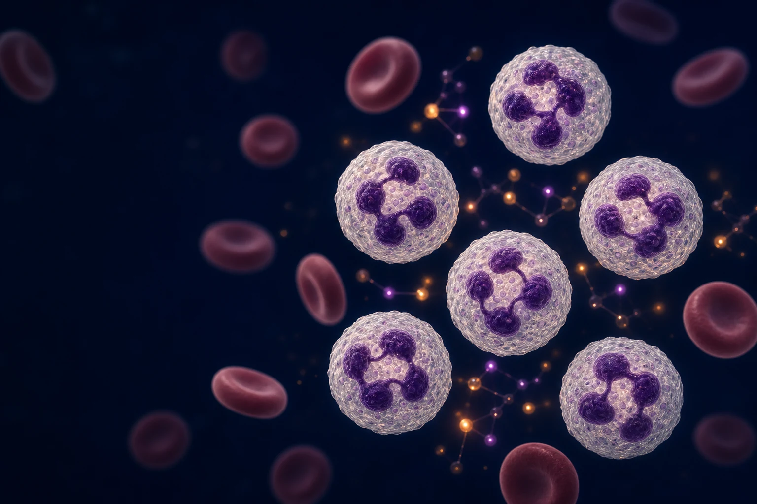 Conceptual educational image of human neutrophils with segmented nuclei and an ascorbate motif