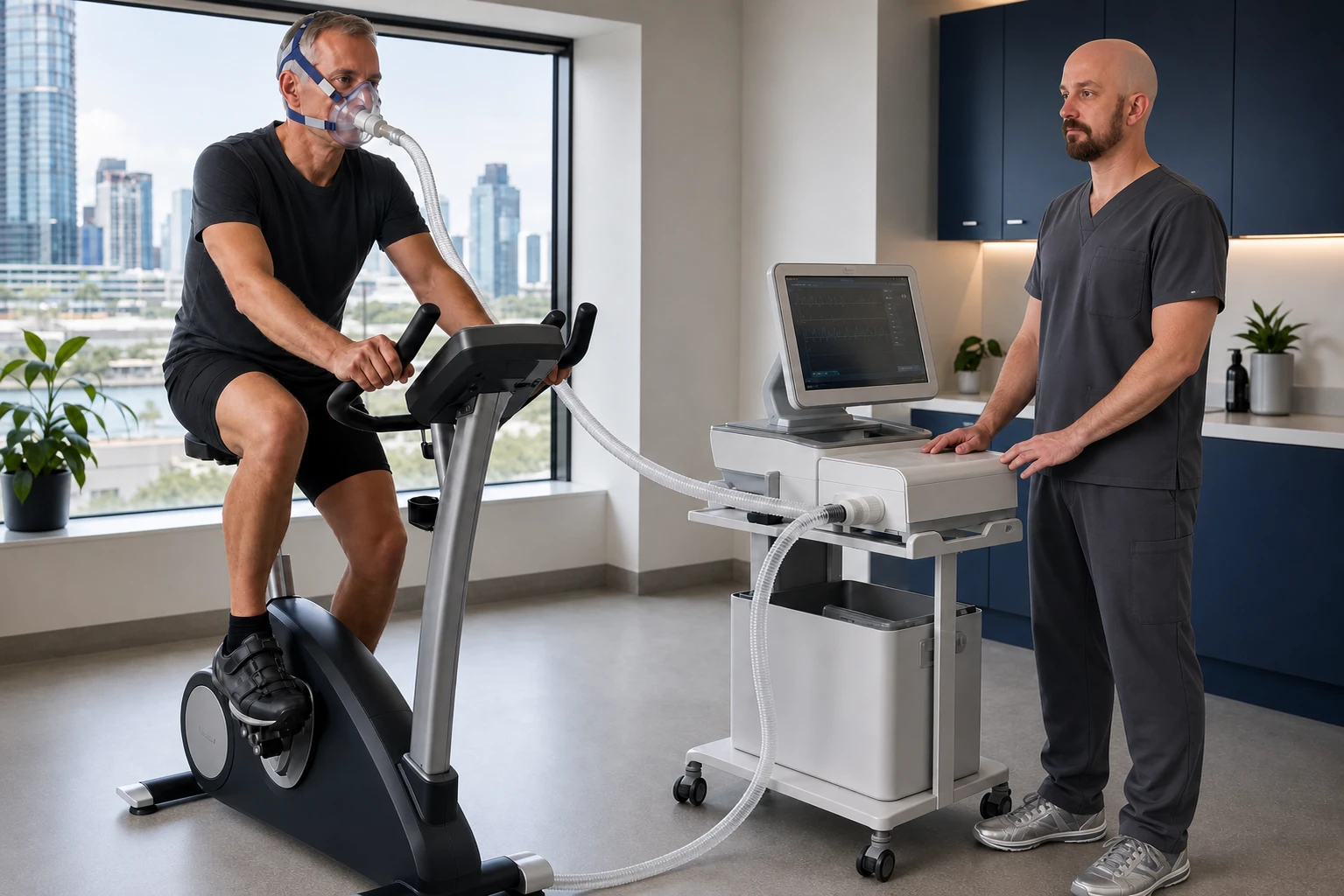A human VO₂ max test using a metabolic mask and cycle ergometer with Dr Joshua Hatch monitoring