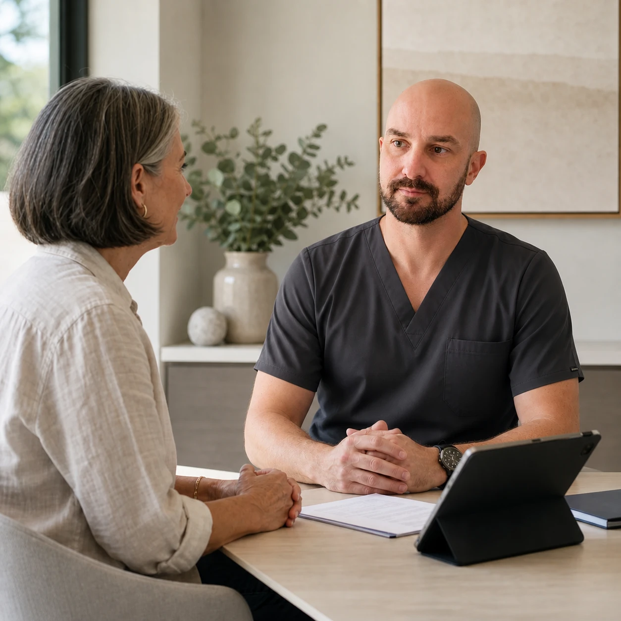 Dr Joshua Hatch discussing evidence-led menopause care with a patient