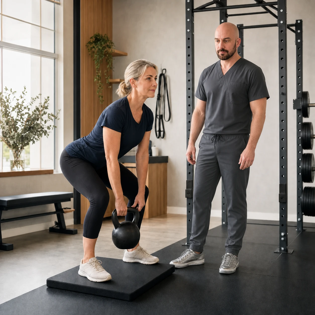 A midlife woman doing supervised resistance training with safe form